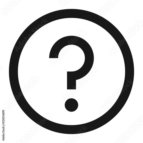 A simple black question mark icon enclosed within a circular border on a white background design element