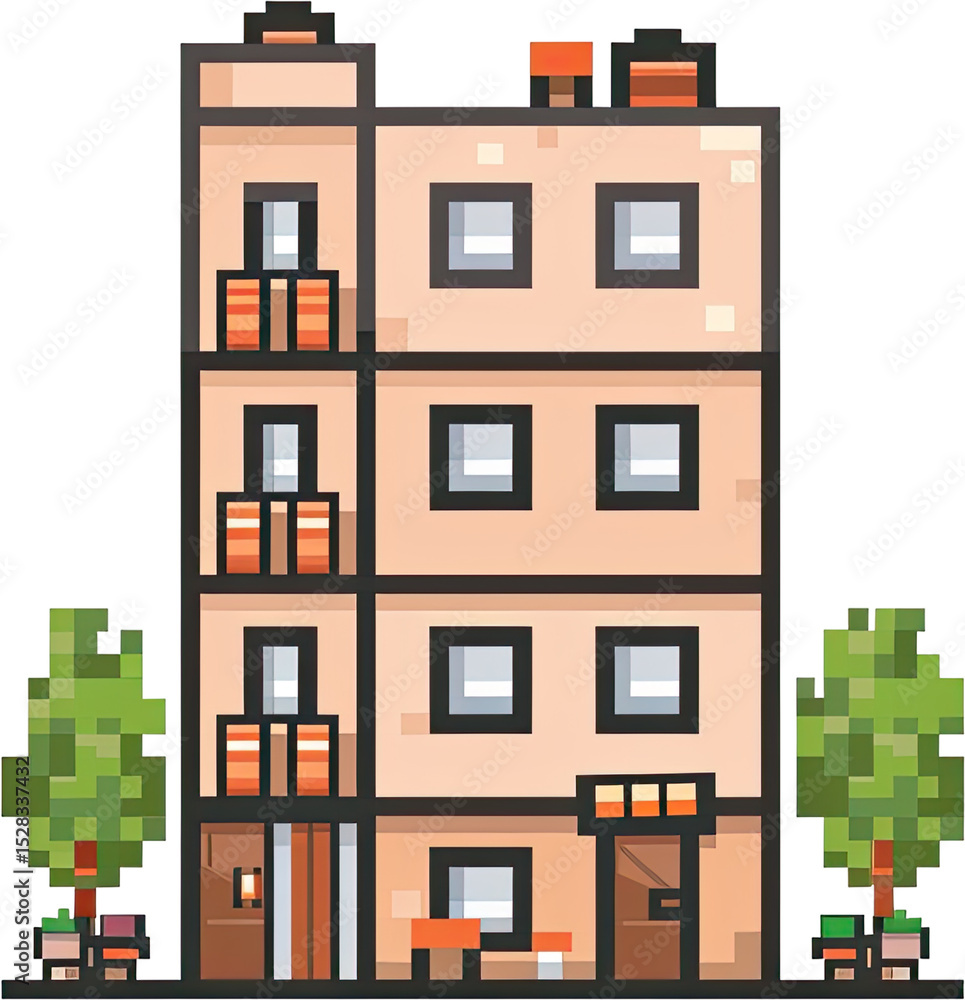 Obraz premium Pixel art illustration of a multi-story building.