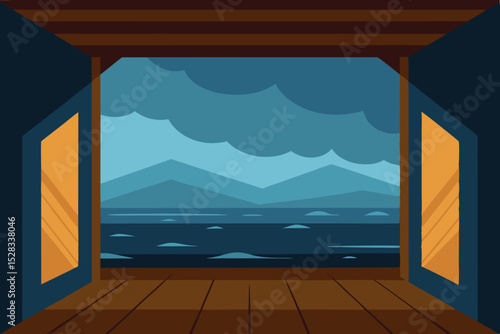 Black Silhouette Stormy Sea Interior Cartoon Animation Background Vector illustration