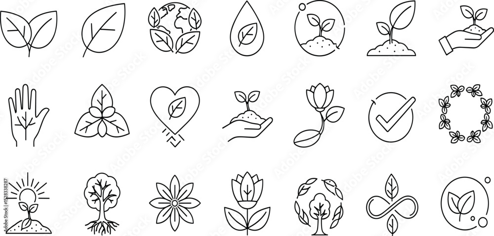 Fototapeta premium Eco friendly line icon set. Vector pictograms of sustainability, renewable energy, clean, save, agriculture, climate, forest