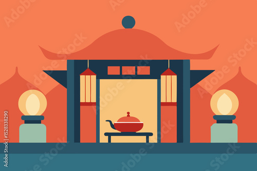 Black Silhouette Elegant Tea House Cartoon Animation Background Vector illustration