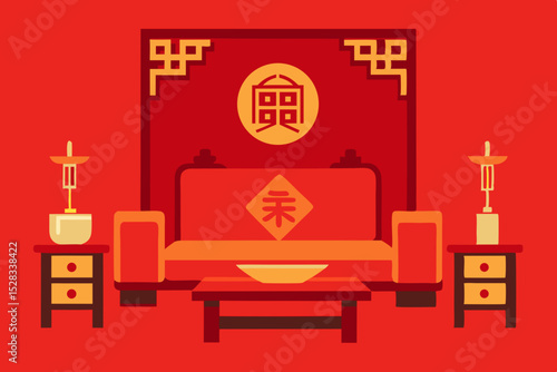 Black Silhouette Classic Chinese Living Room Cartoon Animation Background Vector illustration