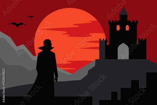 Black Silhouette Vampire Figure Observing Dawn from a Ruined Castle Vector illustration Background