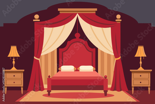 Black Silhouette Grand Victorian Bedroom with Lush Drapes and Intricate Bedding Vector illustration Background
