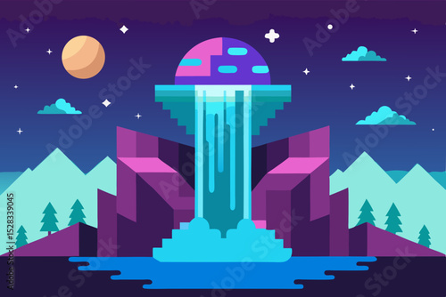 Black Silhouette Surreal VR Dreamscape with Pixelated Waterfall Effect Vector illustration Background