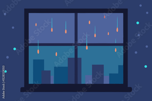 Black Silhouette Window with Raindrops and Out-of-Focus City Lights in the Dark Vector illustration Background