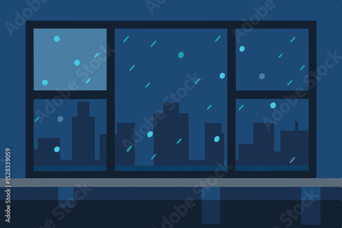 Black Silhouette Window with Raindrops and Blurred City Lights at Twilight Vector illustration Background