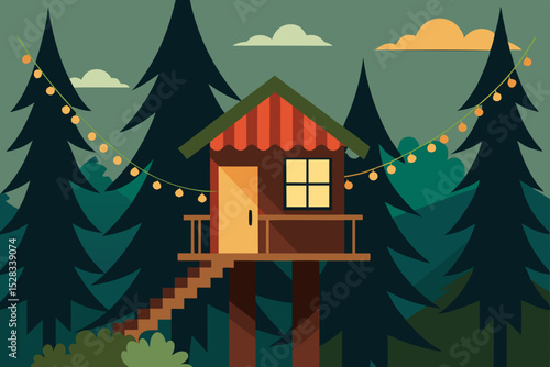 Black Silhouette Rustic Wooden Treehouse with Twinkle Lights in a Tranquil Forest Vector illustration Background