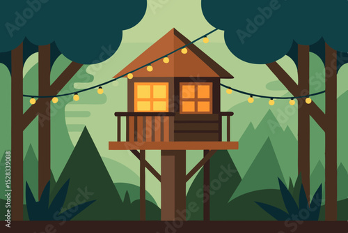 Black Silhouette Magical Wooden Treehouse with Glowing Lights in a Quiet Forest Vector illustration Background