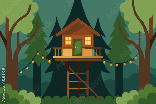 Black Silhouette Charming Wooden Treehouse with Fairy Lights in a Peaceful Forest Vector illustration Background