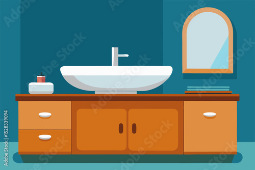 Black Silhouette Luxurious Yacht Bathroom with Shiny Wood Cabinets and Marble Details Vector illustration Background