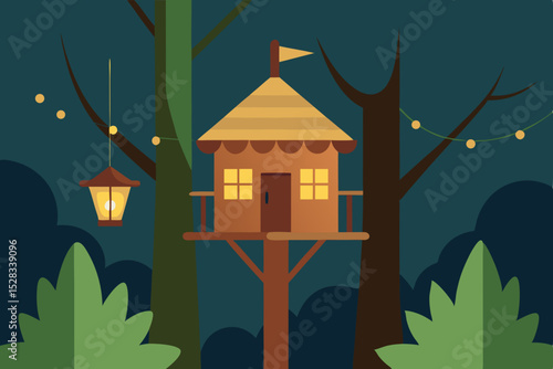 Black Silhouette Cozy Wooden Treehouse with String Lights in a Forest Vector illustration Background