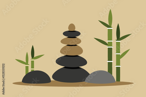 Black Silhouette Zen Garden with Stacked Stones and Bamboo in Neutral Tones Vector illustration Background