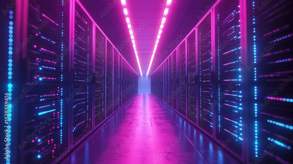 Fototapeta premium Futuristic data center interior with glowing blue and pink lights reflecting on the floor, featuring rows of server racks under LED lights in a symmetrical, high-tech environment