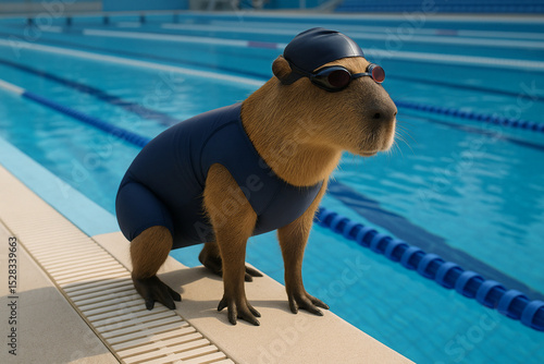 Capibara vestido de nadador en la piscina olímpica