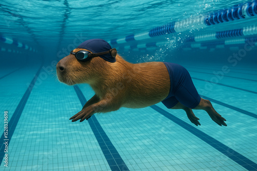 Capibara vestido de nadador en la piscina olímpica
