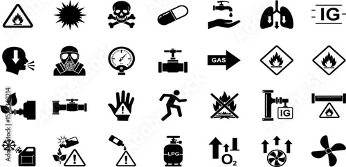 Gas safety glyph icon set. Vector pictograms of flammable, toxic, explosive, warning, danger, protective mask, no flame zone, label,