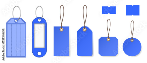 Set of blue price tags and keyrings. Price stickers. Luggage tag. Cardboard label for clothes. Key tags with split ring and window. Keychains