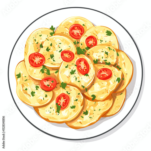 Boiled Yam Slices with Tomato and Herb Garnish – Vector Art