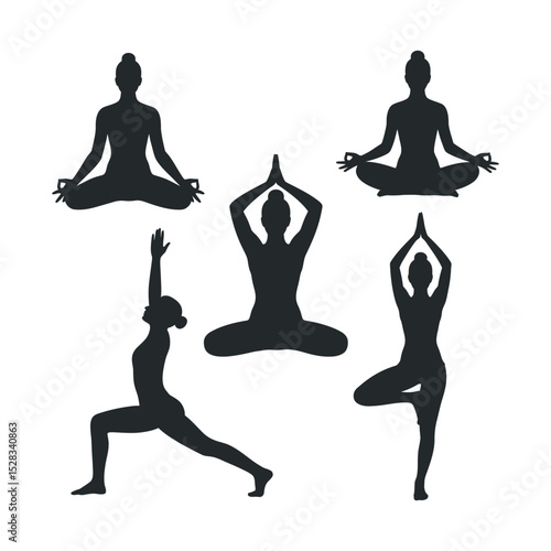 Silhouettes of Women Practicing Yoga Poses for Wellness Meditation Relaxation and Flexibility on a White Background Ideal for Health and Fitness Content