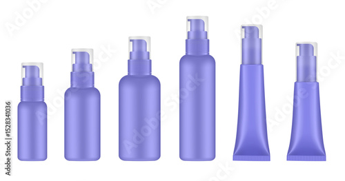 Set of purple cosmetic bottles and tubes with pump. Dispenser for soap or lotion. Plastic cosmetic containers. Serum or gel