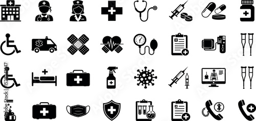  Healthcare glyph icon set. Vector pictograms of medicine, hospital, doctor, nurse, stethoscope, syringe, insurance, emergency, vaccine, pill, general health