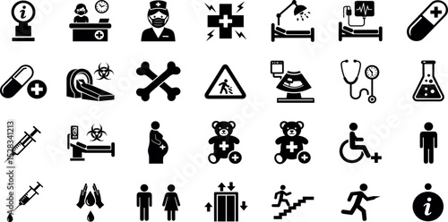 Hospital signage glyph icon set. Vector pictograms of clinic , nurse, doctor, pharmacy, medication, vaccination, syringe, patient, room, operating, radiology