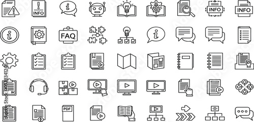 Information, support icon set. Vector glyph pictograms of help center, documentation, knowledge base, book, document, speech bubble, FAQ, chatbot, tutorial