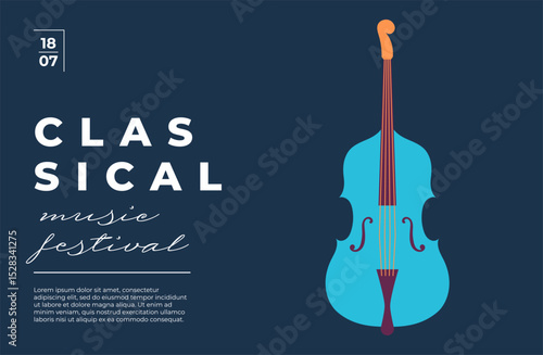 Minimal classical music festival poster featuring abstract contrabass or cello illustration. Flat vector design with modern blue background and clean typography. Ideal for concert flyers or brochures.