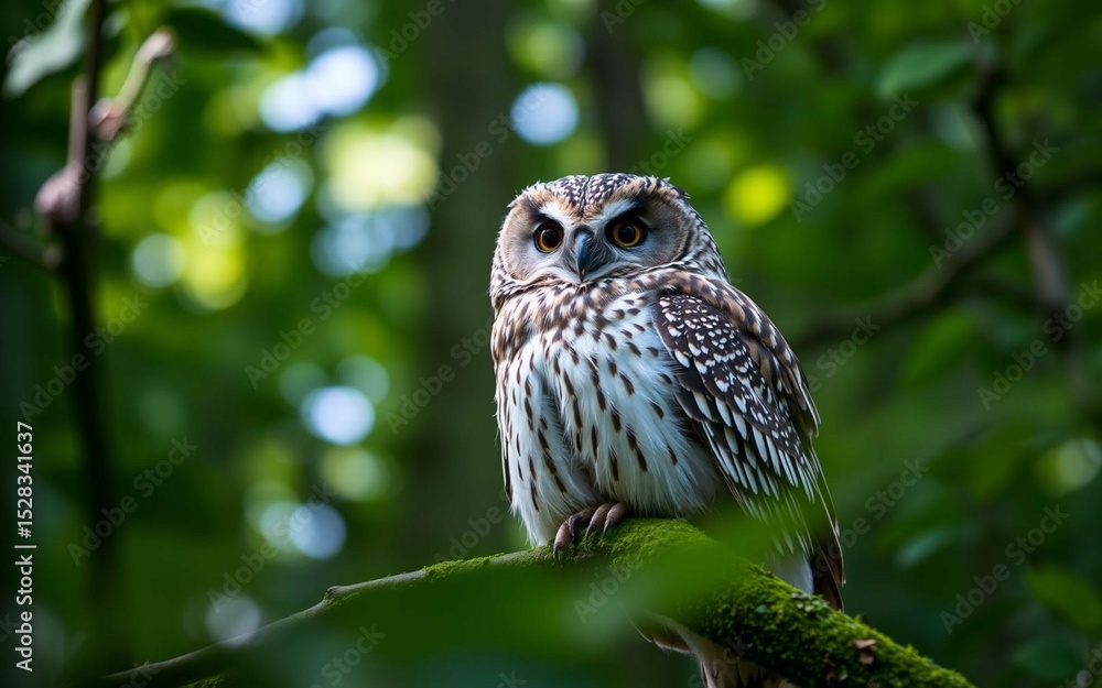 Obraz premium Close-up of a wild owl on mossy branch with soft forest background, symbolizing wildlife conservation, 8K ultra-clear mirrorless photo style, no humans, sharp and natural.