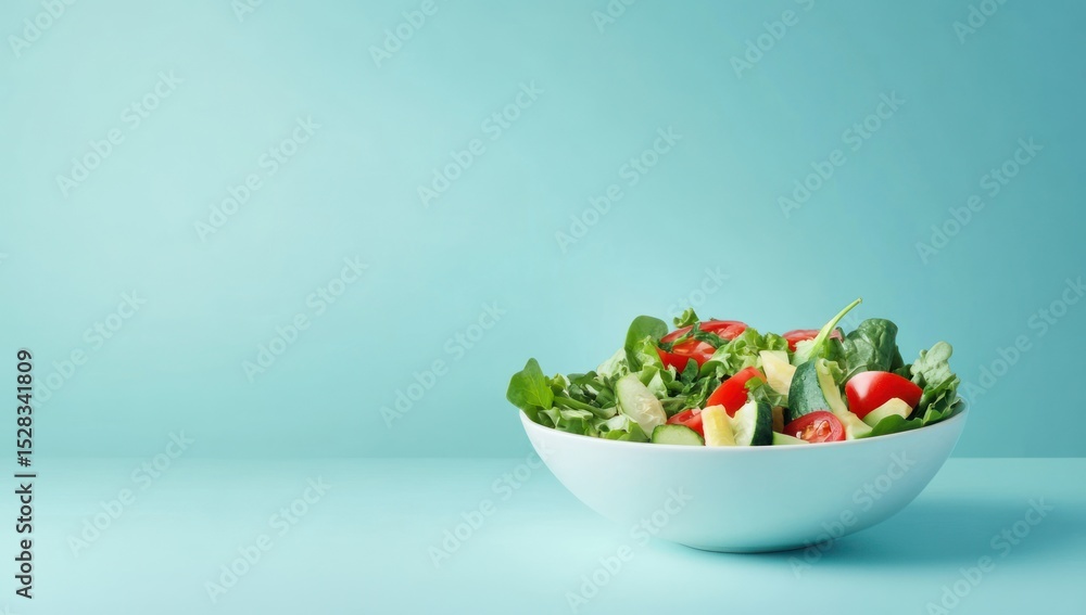 Fresh salad in a bowl against a teal background Fresh salad in a bowl against a teal background