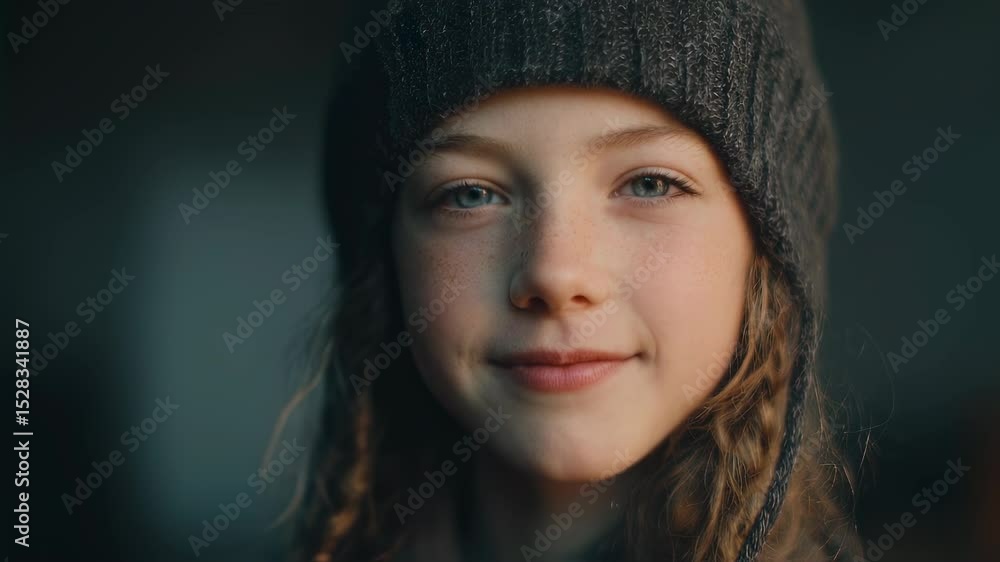 Warm cinematic portrait highlighting youthful joy, soft illumination casting gentle highlights on smiling girl wearing knit hat, capturing genuine childhood innocence Warm cinematic portrait highlighting youthful joy, soft illumination casting gentle highlights on smiling girl wearing knit hat, capturing genuine childhood innocence