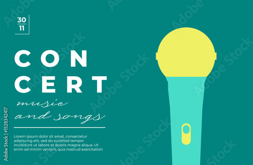 Minimalist concert poster with microphone for singer illustration. Modern flat vector design in green tones. Clean typography for karaoke, live music, party, and festival flyers or banners.