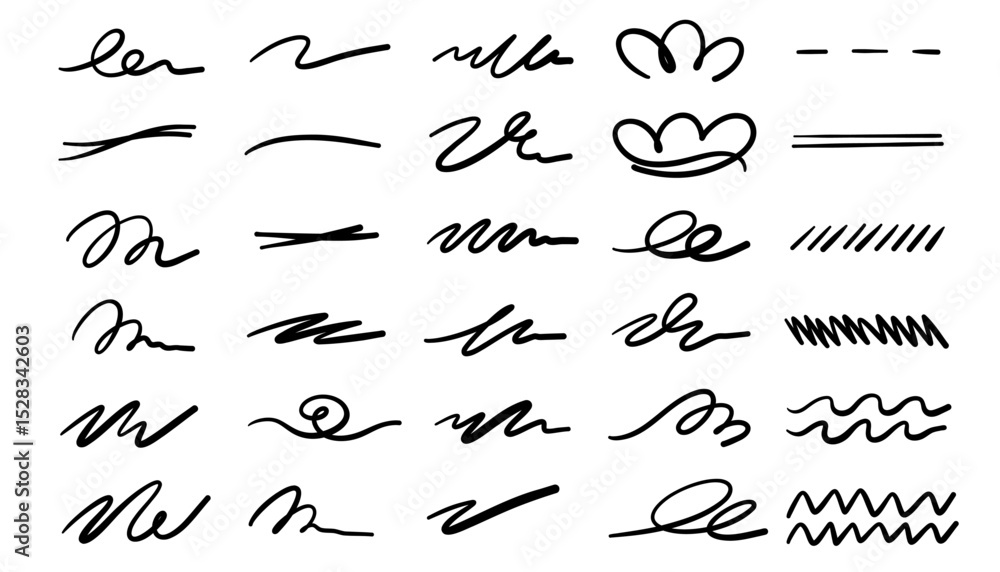 Set of scribble doodle underline and emphasis lines in various hand-drawn styles. Perfect for highlighting text, titles, or design elements in creative projects, presentations Set of scribble doodle underline and emphasis lines in various hand-drawn styles. Perfect for highlighting text, titles, or design elements in creative projects, presentations