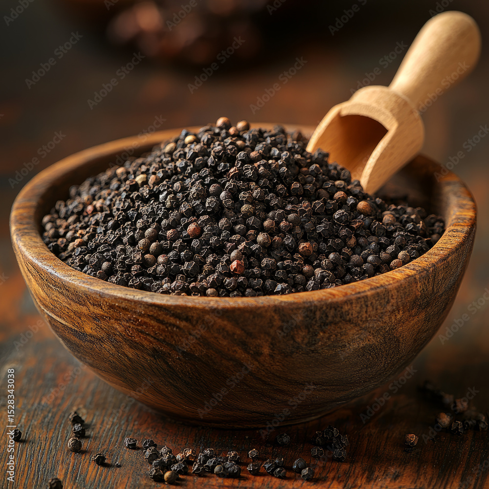 Black peppercorns in a wooden bowl with scoop. Black peppercorns in a wooden bowl with scoop.