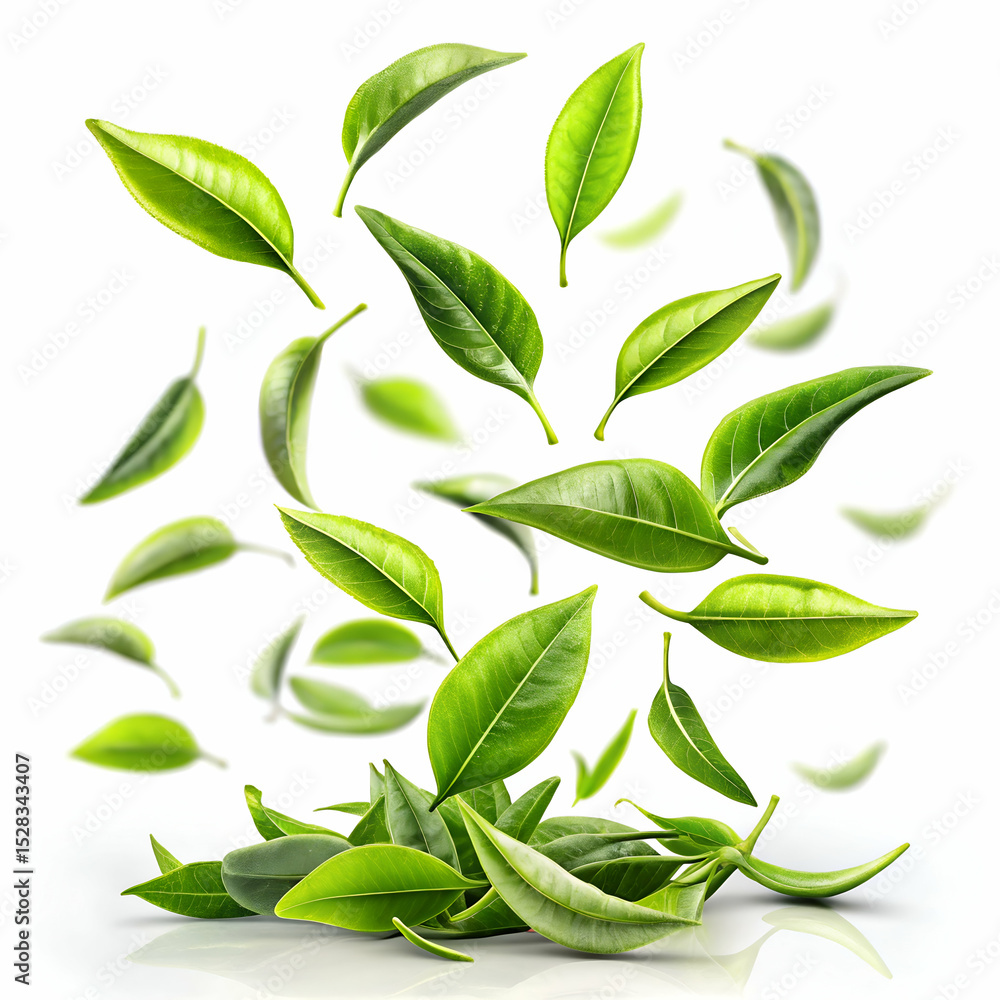 Fototapeta premium Green tea leaves falling gracefully isolated on white