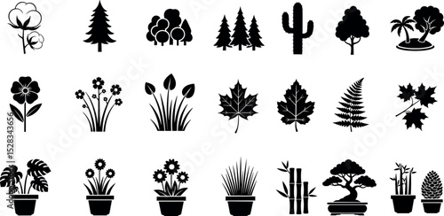  Plant, tree icon set. Vector glyph pictograms of leaf, cactus, bamboo, bonsai, nature, ecology, and landscaping concept, monstera maple