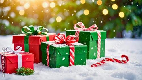 Christmas-themed gift boxes with red, green, and white wrapping paper, decorated with snowflakes and candy canes, on a snowy background.