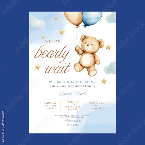 Boy Teddy Bear We Can Bearly Wait Baby Shower Invitation