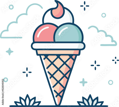 Modern Ice Cream Logo Design – Minimalist Vector Badge for Dessert Shops & Cafés Ice cream logo clipart set. Colorful cone ice cream icon clip art in pictogram style vector illustration color pastel	