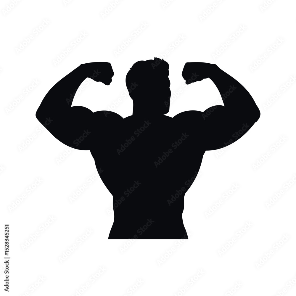 Fototapeta premium Silhouette of a Muscular Man Flexing His Biceps Representing Strength Fitness and Determination Isolated on White Background Perfect for Gyms and Fitness Related