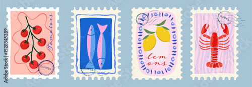 Modern abstract summer poster in sketch doodle style with hand drawn. Trendy design for cards, wall art, ads, print, decor, branding. Amalfi, Italian sea coast hand drawn icons. Summer sea vacation.