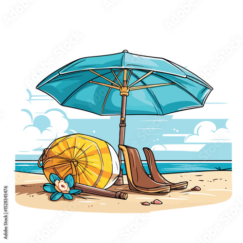 Colorful Beach Accessories for Summer Travel: Umbrella, Bag, and Flip Flops