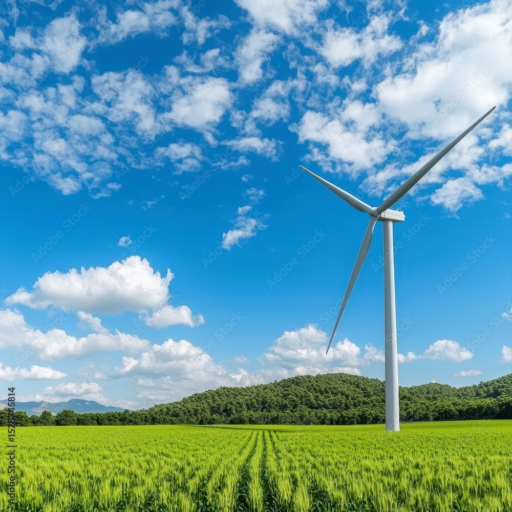 Obraz premium A single wind turbine stands tall in a vast agricultural field under a vibrant blue sky dotted with fluffy white clouds, showcasing a harmonious blend of renewable energy and rural
