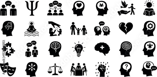 Psychology and mental health icon set. Vector glyph pictograms of brain, discussion, meditation, therapy, support group, therapy, mindfulness, emotional well-being 