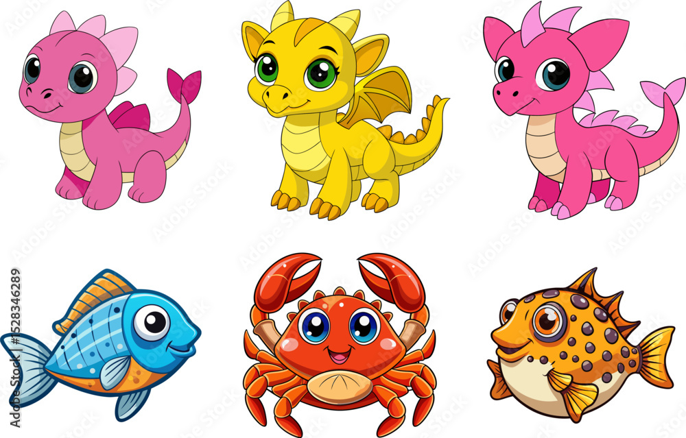 3D cartoon cute Dinosaur, fish and Crab vector isolated on white background. 3D cartoon cute Dinosaur, fish and Crab vector isolated on white background.