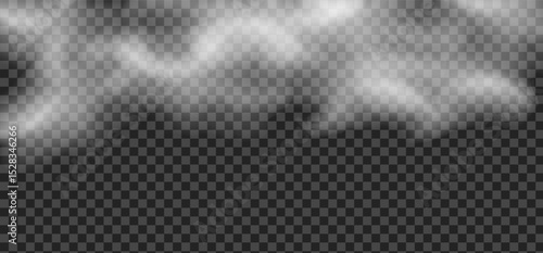 Realistic clouds, smoke, fog, cloudiness, smog, light steam over hot drinks and dishes, smoke from a fire, candles, vape, vector illustration on a transparent background