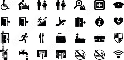 Public space wayfinding glyph icon set. Vector pictograms of navigation, emergency, escalator, elevator, stairs, info desk, extinguisher, food court