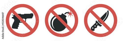 Prohibited Weapons Sign Featuring Gun Bomb and Knife with Red Circle and Slash on White Background for Safety and Security