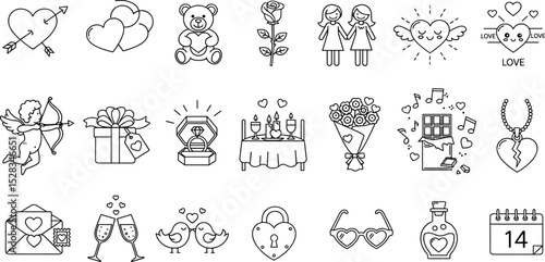 Romantic and Valentine line icon set. Vector pictograms of hearts, gifts, and love symbol, teddy bear, cupid, flower bouquet, engagement ring, chocolate candy, thin linear illustration.